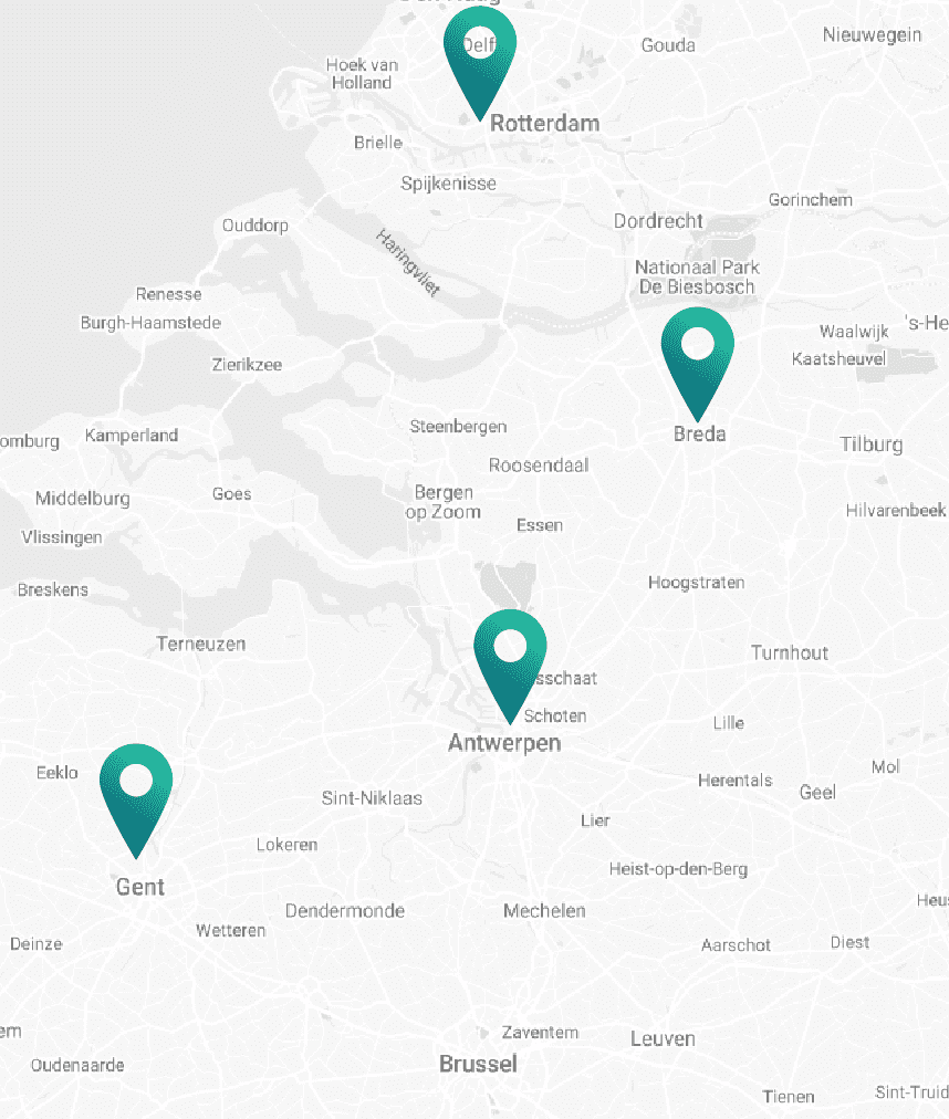 Map displaying the three locations of Blastic; Breda, Ghent & Antwerp